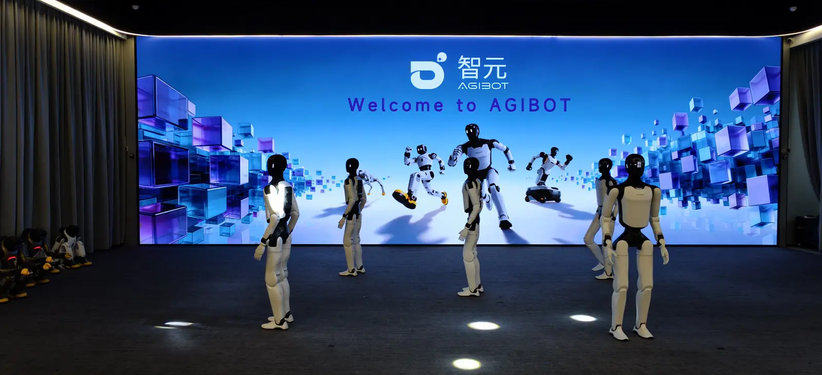 Humanoid robots performing on the AGIBOT showroom stage